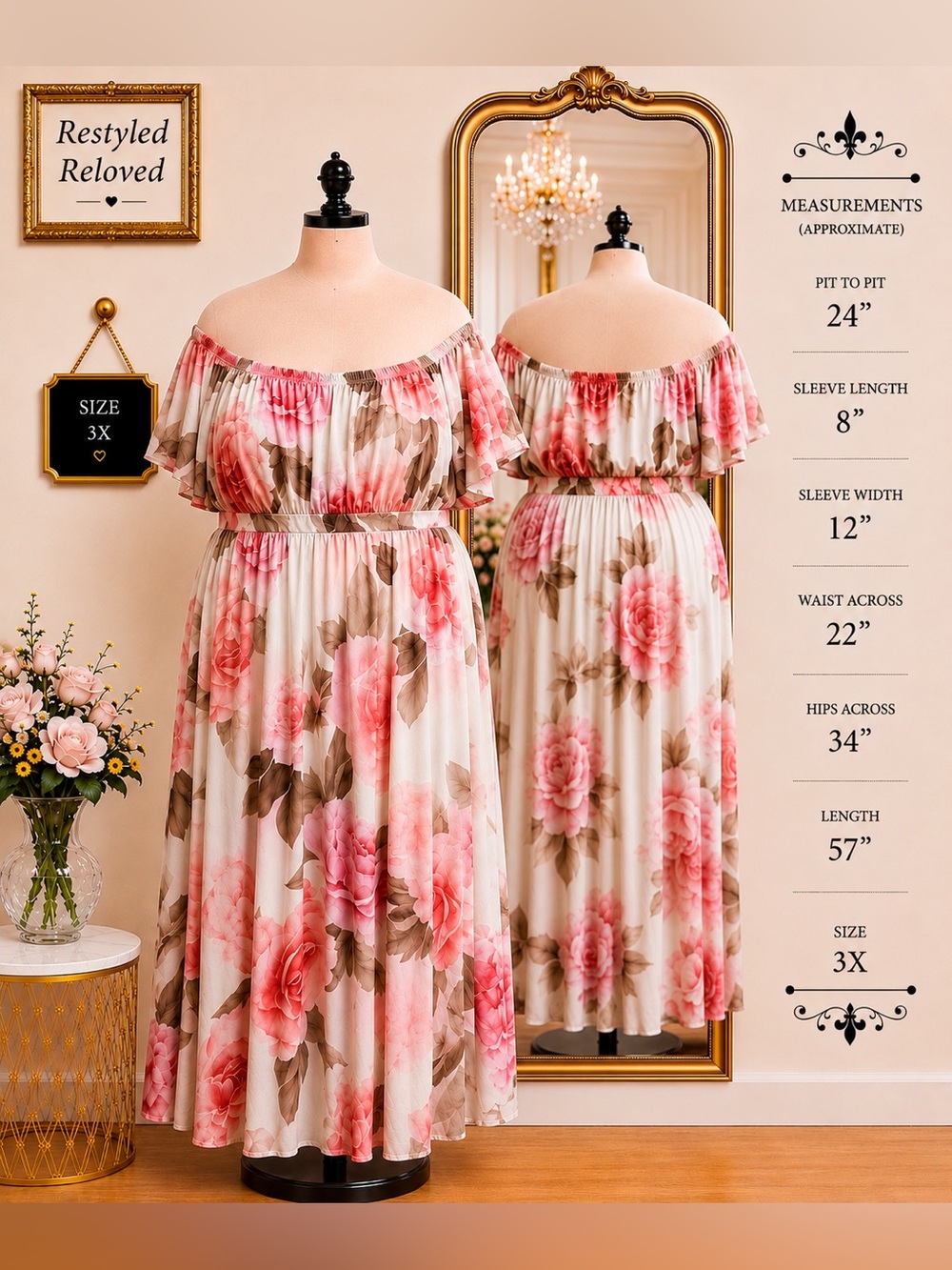 XplusWear Plus Size Floral Off-the-Shoulder Maxi Dress Pink Cream Roses 3X